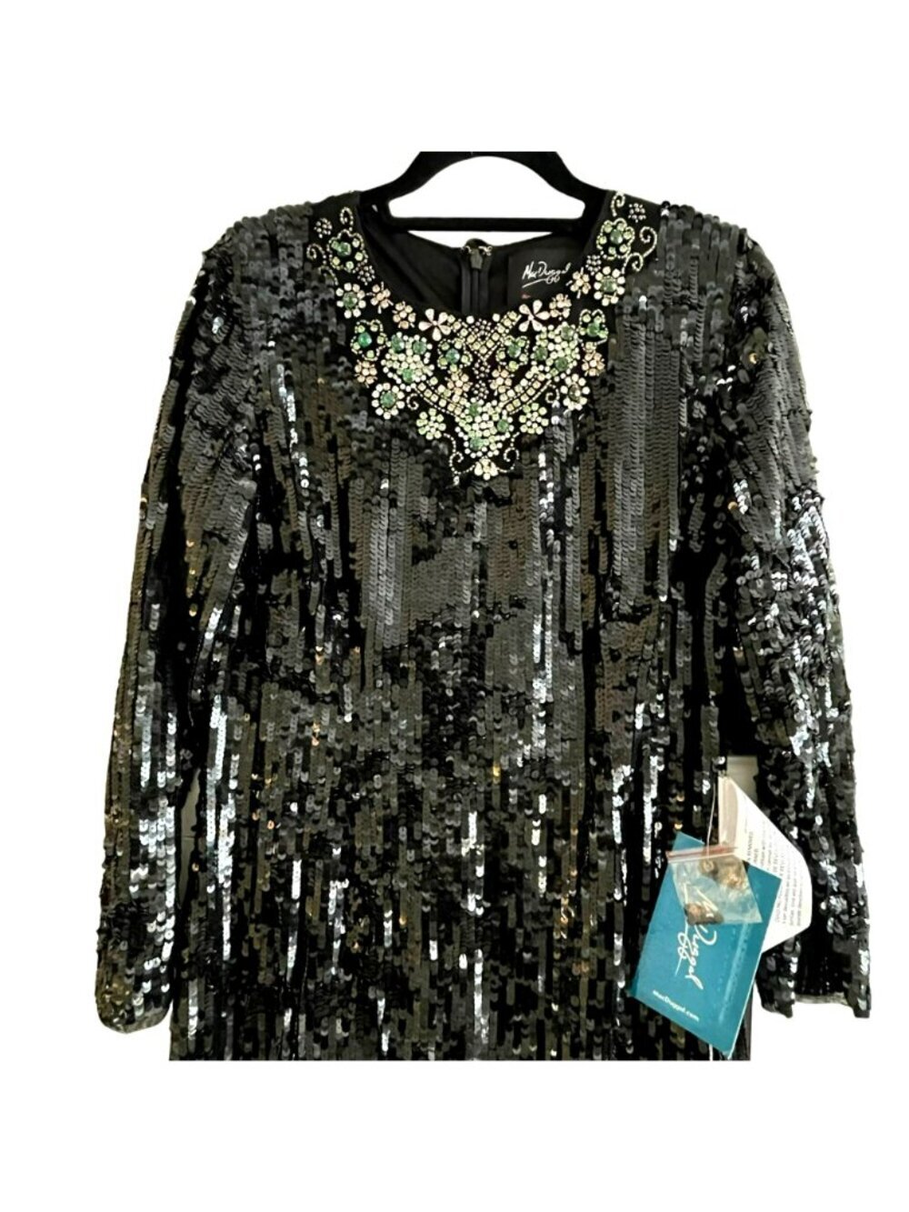 Mac Duggal Size 10 Emerald Rhinestone Necklace Black Sequin LS Maxi Gown Dress N - Picture 6 of 13